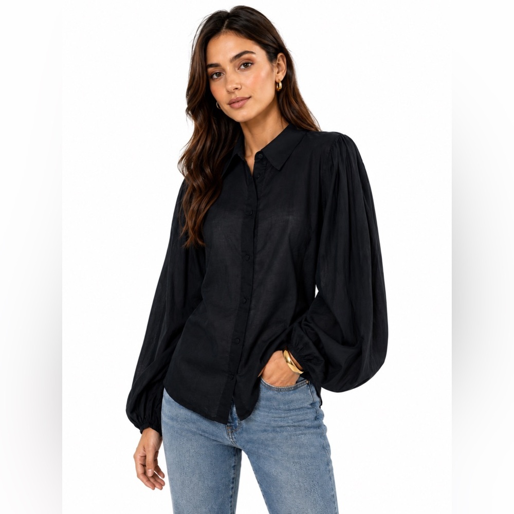Banana Republic Cotton Voile Black Women's  Shirt Plated Balloon Sleeve L NEW - Picture 15 of 16